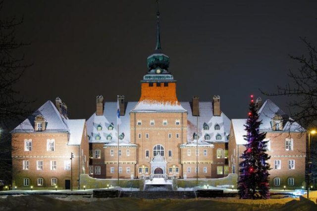 City Hall in Ostersund at winter evening, Sweden